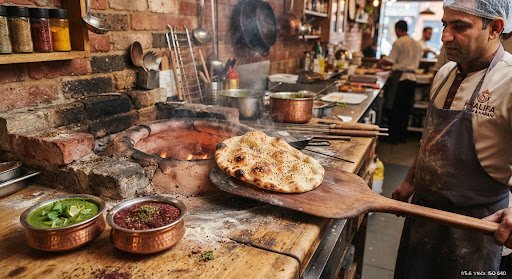 Artisanal clay tandoor oven with golden blistered Afghan sesame naan bread freshly pulled on wooden peel, accompanied by copper bowls of cilantro mint chutney and spiced sumac.