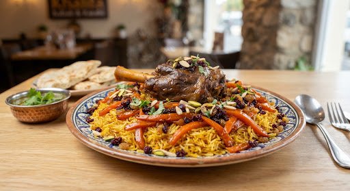Traditional Afghan Kabul Qabili Palaw dish with glistening golden long grain saffron sella basmati rice, tender lamb shank, sweet caramelized carrot ribbons, black barberries, and fried sultanas.
