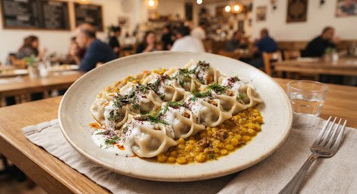 Authentic Afghan steamed Mantu dumplings layered elegantly on an ivory plate, drizzled with velvety garlic chaka yogurt sauce, hearty spiced yellow split pea ragout, and dried mountain mint flakes.